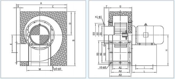 DZ方形保溫離心通風(fēng)機系列外形尺寸1 DZ方形保溫離心通風(fēng)機系列外形尺寸1